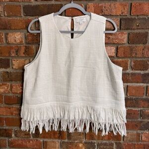 Mud Pie womens River Fringe tweed sleeveless top office preppy white L
